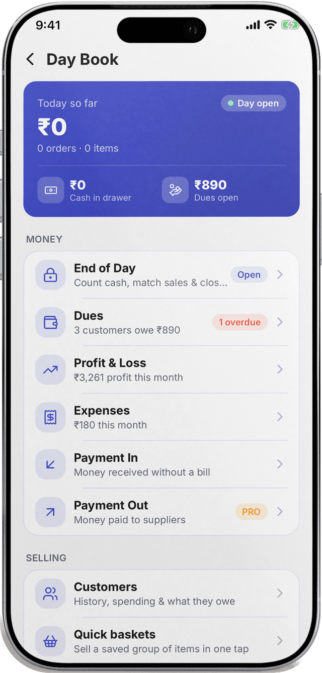 Khazana day book: end of day, dues, profit and expenses