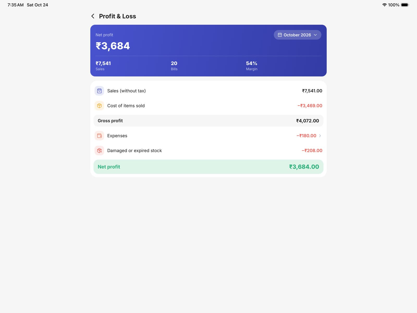 Khazana on iPad: profit and loss for the month